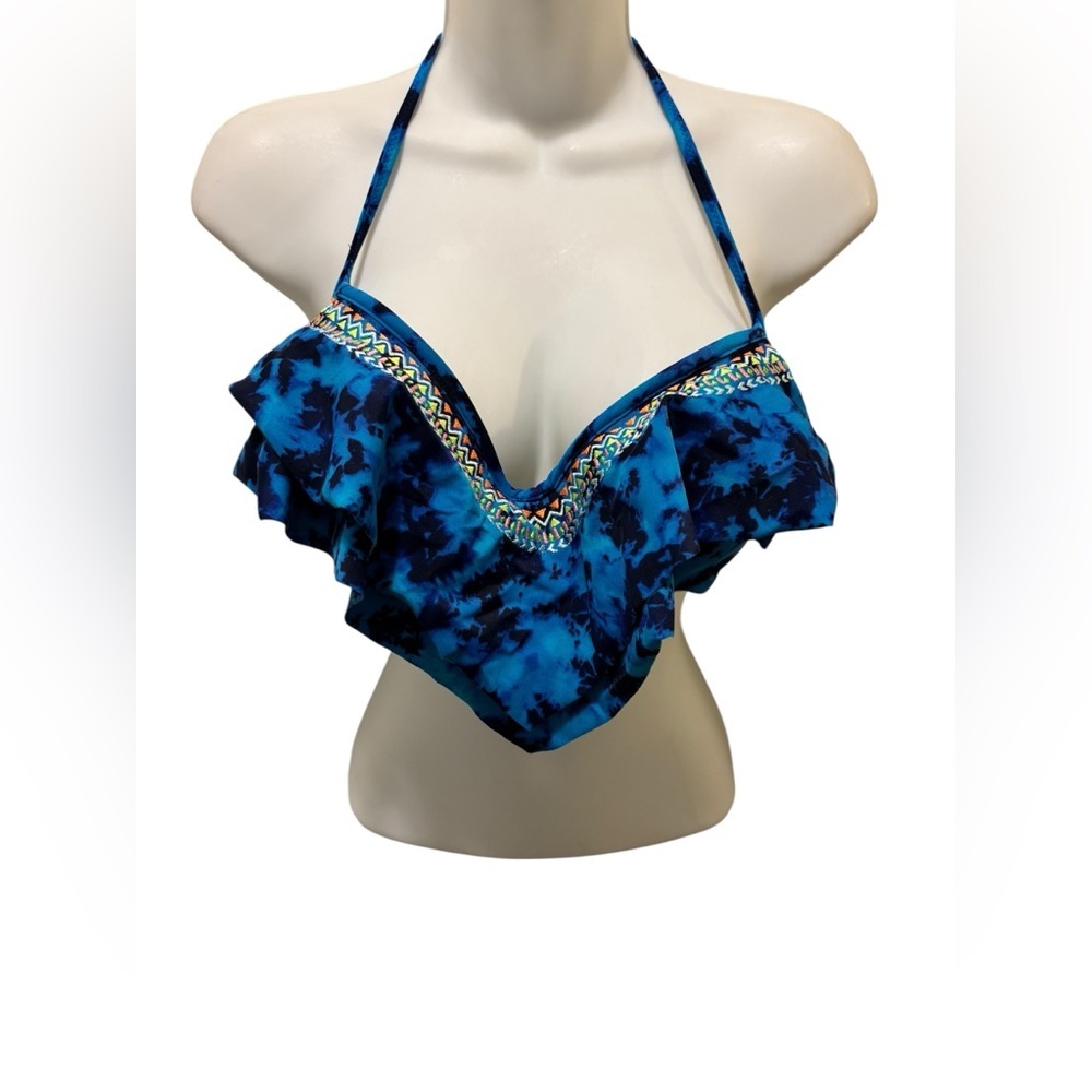 Victoria’s Secret Pink Blue Tie Dye Ruffle Bikini Top W/Embroidery Sz M Push Up